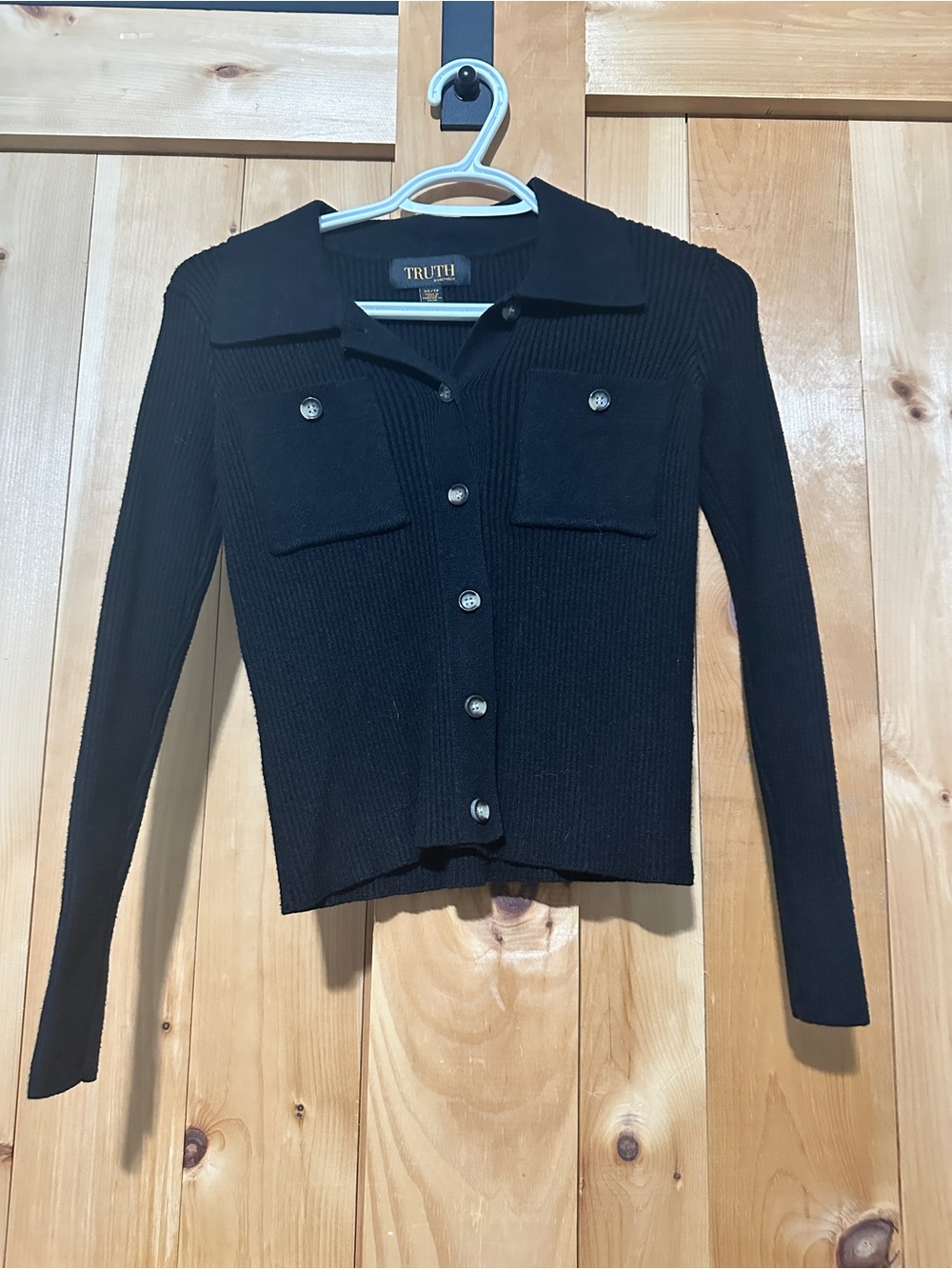TRUTH Black Knit Button-Up Cardigan with Gold Logo